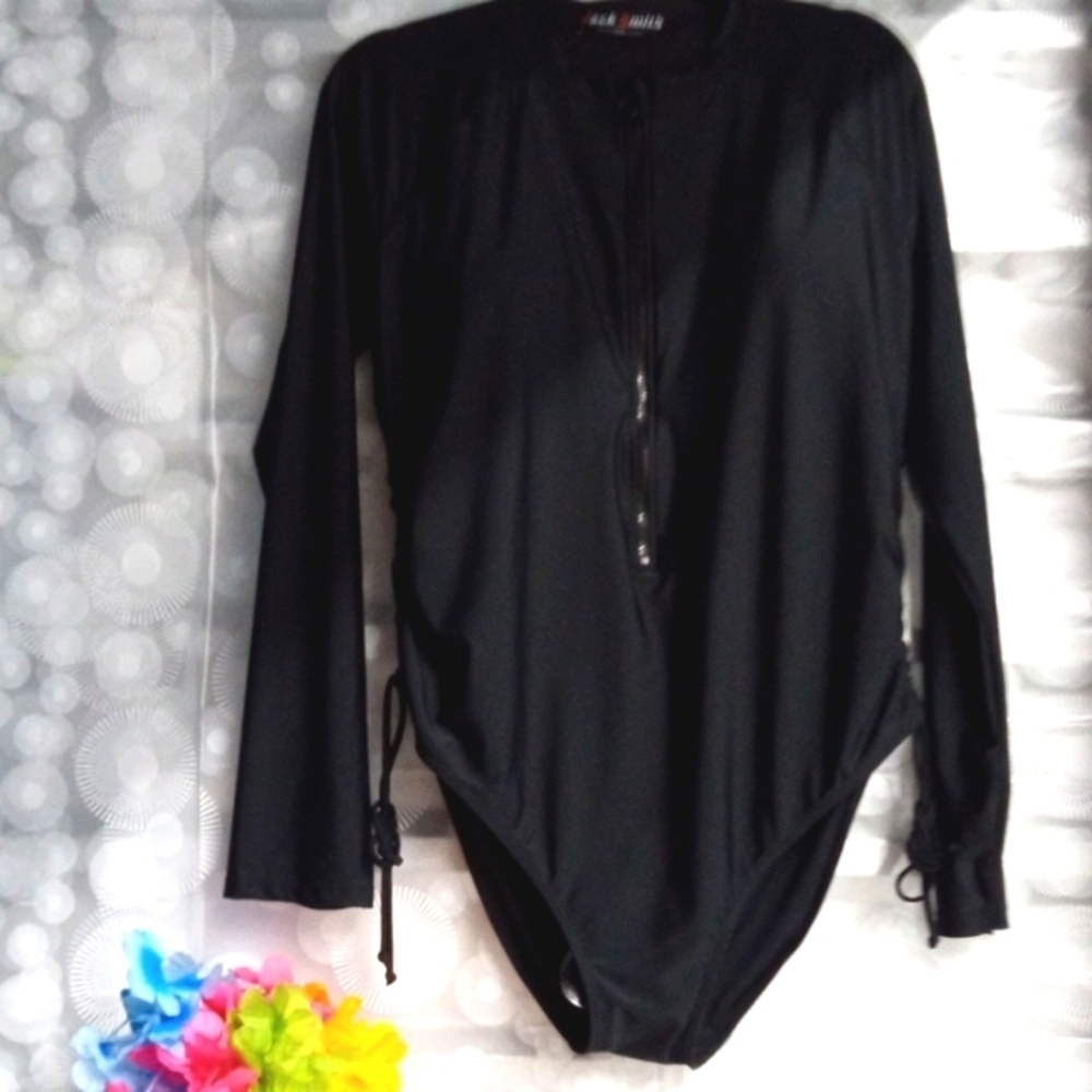 JACK SMITH BLACK LONG SLEEVE RUCHED ONE PIECE SWIMSUIT SIZE 2XL NWT